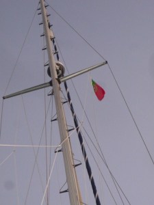 The Portuguese courtesy flag is up - uncontrollable excitement for one member of the crew!